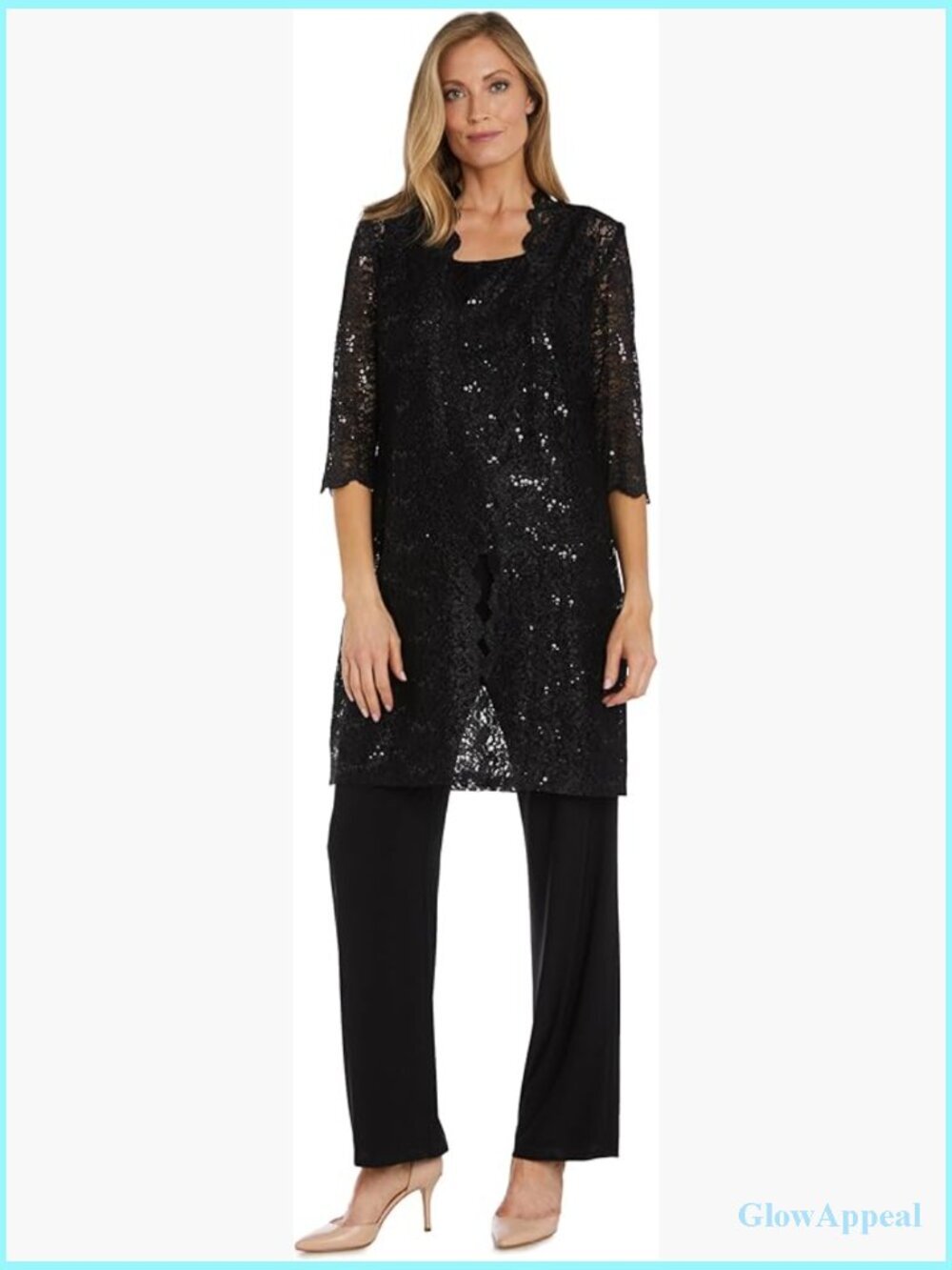 3-Piece Glitter Lace Duster Pant Set with Tank & Jacket